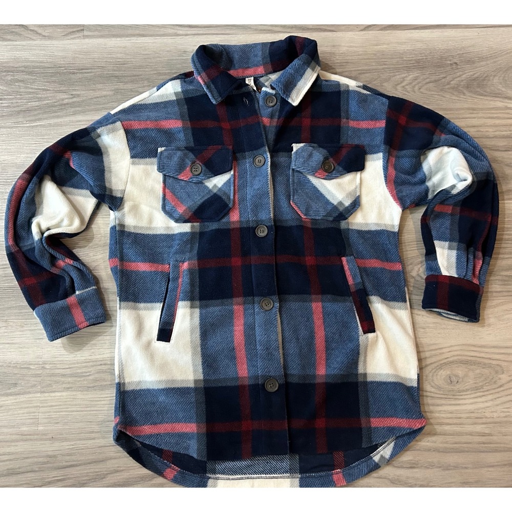 Zenana Womens Plaid Fleece Shacket Jacket Polyester S Blue Red White